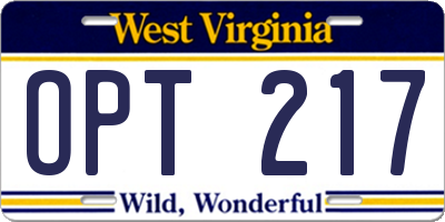 WV license plate OPT217