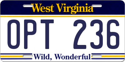 WV license plate OPT236