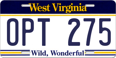 WV license plate OPT275