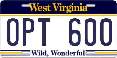 WV license plate OPT600