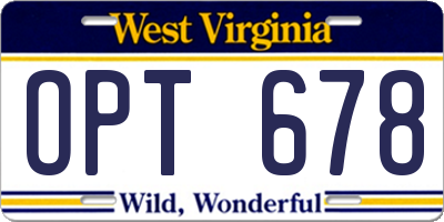 WV license plate OPT678