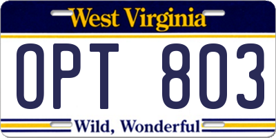 WV license plate OPT803
