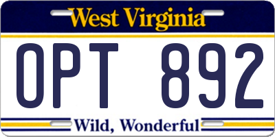 WV license plate OPT892