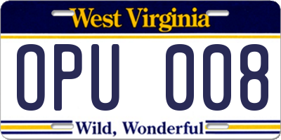 WV license plate OPU008