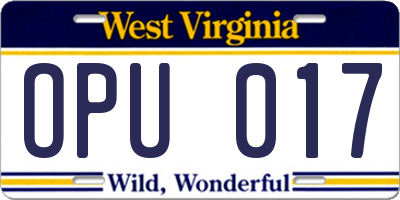 WV license plate OPU017