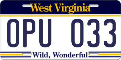 WV license plate OPU033
