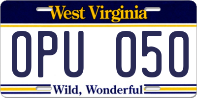 WV license plate OPU050