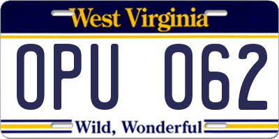 WV license plate OPU062