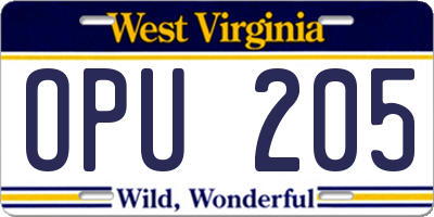WV license plate OPU205
