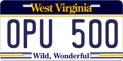 WV license plate OPU500