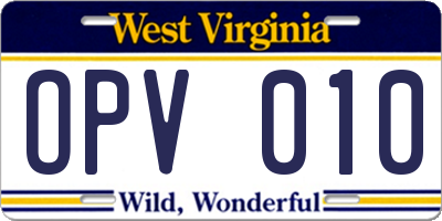 WV license plate OPV010