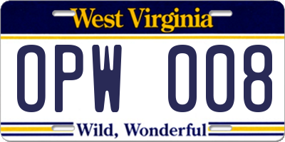 WV license plate OPW008