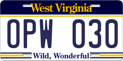 WV license plate OPW030