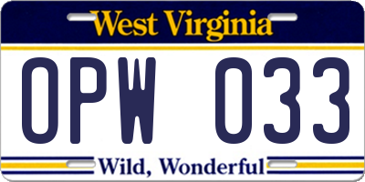 WV license plate OPW033