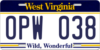 WV license plate OPW038