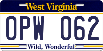 WV license plate OPW062