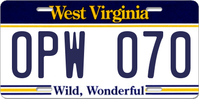 WV license plate OPW070