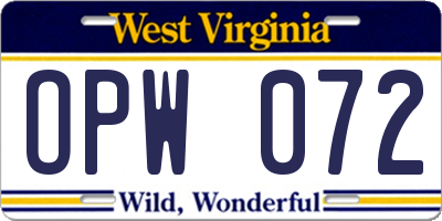 WV license plate OPW072