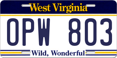 WV license plate OPW803