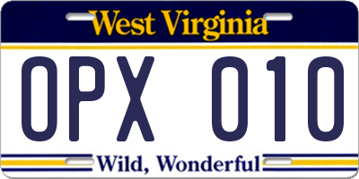 WV license plate OPX010