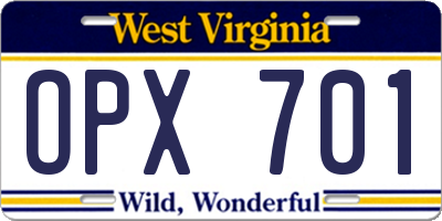 WV license plate OPX701