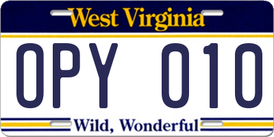 WV license plate OPY010