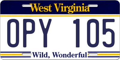 WV license plate OPY105