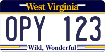 WV license plate OPY123