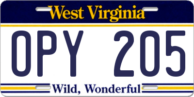 WV license plate OPY205