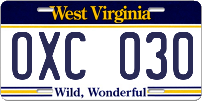 WV license plate OXC030