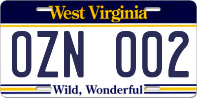 WV license plate OZN002